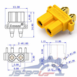 کانکتور قدرت پنلی XT30PW-F آماس (AMASS) دو پین مادگی ابعاد