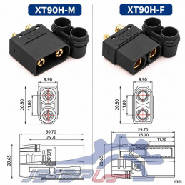 XT90H آماس (AMASS) دو پین مشکی با درپوش نری و مادگی ابعاد