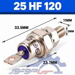 نمای دیود 25HF120 با طول ۳۳٫۵ میلی‌متر و قطر رزوه ۵ میلی‌متر