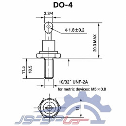 دیود پیچی 25HF120، ۲۵ آمپر ۱۲۰۰ ولت با نمایش ابعاد